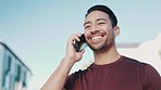 Happy asian man, phone call and city for communication, networking or outdoor conversation. Friendly male person smile talking on mobile smartphone in discussion, chat or contact in an urban town