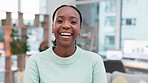 Face, laughing and black woman in a lounge for relax, comedy and reaction to a funny joke. Freedom, home and portrait of African girl in the living room of a house or apartment with happiness