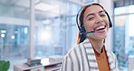 Face, woman and laugh in telemarketing call center for customer service, advisory questions and consulting. Portrait of happy sales consultant with microphone for telecom support, FAQ contact and CRM