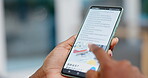 Person, hands and phone on website for online search, information or homepage at the office. Closeup of woman scrolling, product or browsing on mobile smartphone app with data, screen or display