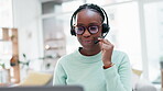 Woman, virtual assistant and laptop in home office for consulting, voip communication and telemarketing advisory. African sales agent, computer and microphone for customer support, CRM or remote work