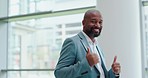 Entrepreneur, black man and thumbs up in office for support, motivation and celebration of employee success in business. Yes, congratulations and portrait of businessman or ceo walking with pride