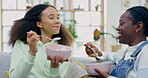 African women, talking and eating breakfast in morning with roommate, friends or conversation about yogurt and nutrition. Happy, people and bowl of food or speaking about day and bonding in home