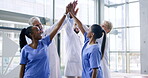 High five, nurses or doctors with medical success in celebration of results in hospital with teamwork. Bonus, surgeon or happy healthcare workers celebrate targets, bonus or winning goals in meeting