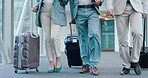 Airport, suitcase and legs of walking business people travel to destination, seminar or board airplane transport. Luggage, global journey or closeup team steps to plane booking, flight or immigration