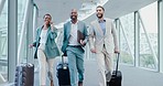 Airport group, suitcase and walking business people travel to destination, seminar or airplane transport. Phone call conversation, booking hotel and corporate team for plane, flight or global journey