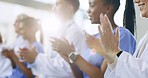 Happy, presentation or doctors clapping for success, good job or results target in hospital meeting or workshop. Applause, wow or group of excited nurses smiling for medical goals, news or support