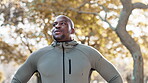 Black man, breathing and nature with fitness and meditation outdoor, peace and calm with mindfulness. African person in the park, fresh air and zen with exercise, sunshine and health with wellness