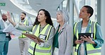 Construction project, site and talking people with a building meeting for infrastructure maintenance. Planning, designer and a woman speaking to a contractor or manager about an architecture idea
