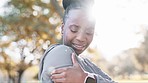 Fitness, black woman and pain in arm after running, training accident and injury from workout. Feeling, nature and African athlete or runner with muscle cramp, inflammation or strain from exercise