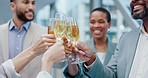 Group celebration, champagne or business people toast for teamwork, promotion or project congratulations. Smile, alcohol or staff celebrate corporate deal, mission success or cheers with glass drinks