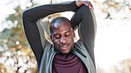 Black man, stretching arms and fitness in park, start workout outdoor, health and wellness with pain in bicep. Exercise warm up, muscle and training in nature with runner, sun and physical therapy