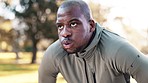 Black man, runner and breathing, tired and sweat with fitness in the park, break and rest after cardio workout. Athlete, catching breath and fatigue after exercise outdoor, health and wellness