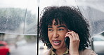 Phone call, rain and business woman in city for communication, networking and conversation. Technology, contact and connection with person talking in street for professional, mobile and planning