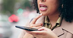 Woman, hands and phone call on speaker in city for communication, networking or outdoor recording. Closeup of female person mouth talking on mobile smartphone app for voice note in an urban town