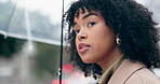 Phone, smile and umbrella with a woman in the city, calling a taxi on her winter commute for travel. Face, mobile and transportation with a happy female pedestrian using an app for cab ride share