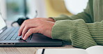 Person, hands writing and typing on laptop for online research, editing and copywriting ideas in notebook, Writer or editor on computer for article, blog brainstorming or planning for work from home