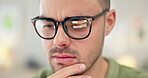 Reading, thinking and man closeup in office with research and data for work planning. Male professional, ideas and email with job decision for problem solving at a company with glasses and choice