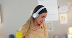 Woman, headphones and music while cleaning, singing along to radio and housekeeping with mop or broom. Cleaner, hygiene and energy with audio streaming and house work, dancing and disinfection