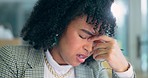 Headache, burnout and black woman in office and working with anxiety, pressure and stress from deadline, fail or mistake. Migraine, pain and tired businesswoman frustrated with problem or crisis