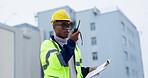 Black man, architect and walkie talkie in city for construction management, inspection or maintenance. African male person, contractor or engineer talking on radio on site in architecture or building