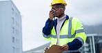 Engineering man, radio and checklist for project management, communication and safety check in city. Architecture leader, building contractor or african person speaking or inspection on walkie talkie
