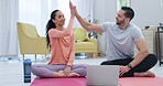 Fitness, laptop and couple high five in home for online tutorial for exercise, training and yoga. Sports video, celebrate and man and woman on computer for lesson for wellness, health and workout