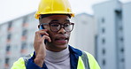 Engineering, man and phone call for design communication, project management update and urban city progress. Architecture or african construction worker talking on his mobile for building or planning