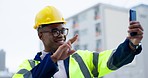 Selfie, peace sign and architecture with black man in city for social media, engineering and project management. Smile, profile picture and construction with contract for emoji, icon and development