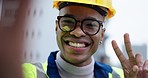 Selfie, peace sign and engineering with black man in city for social media, architecture and project management. Smile, profile picture and construction with portrait of contract for emoji icon