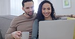 Couple, planning and laptop at home with conversation, bills and investment talk on a sofa. Computer, email and online finance communication of young people with discussion for budget in morning