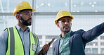 Businessman, builder and talking architecture engineer planning construction design, development and developer building. Thinking men, ideas and questions for contractor in collaboration maintenance