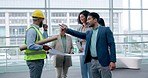 Pointing business people, architecture or blueprint paper in construction worker meeting, talking or showing building. Men, women or engineering contractor with floorplan in developer collaboration