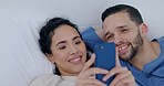 Couple, phone and reading in bed, morning and happy together for social media, chat or blog on holiday. Girl, smartphone and check email in bedroom with notification, video or meme with smile in home