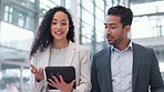 Business people, walking and tablet for planning, advice and teamwork or b2b support in stock market and trading. Corporate clients, woman or financial advisor talking for digital technology feedback