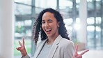 Business, face and woman with a peace sign, smile and promotion with opportunity, emoji and social media. Portrait, person and entrepreneur with a symbol, carefree, cool and gesture in a workplace