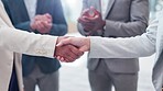 Shaking hands, partnership and applause with agreement, business people and networking with collaboration. Handshake, deal and support with recruitment, b2b and teamwork with hiring at company