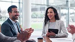 Winner, happy woman or business people clapping in a meeting for success, support or congratulations. Motivation, wow or team of proud employees with applause for goals, achievement or celebration