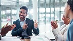 Team motivation, applause and business people in a meeting for support, partnership and fist bump. Happy, office and corporate employees with celebration of work success, goal or target in a workshop