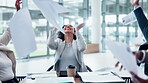 Business people, paper and throw for meeting success, celebration and project news, bonus or applause. Winner, teamwork and group of women, men or employees clapping, applause and documents in air