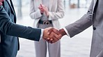 Handshake, partnership and applause with agreement, business people and networking with collaboration. Shaking hands, deal and support with recruitment, b2b and teamwork with hiring at company