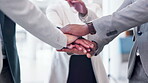 Hands stack, team and business people with mission, support and solidarity, partnership and strategy in meeting. Collaboration, corporate group and target with employees in office and community