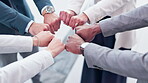 Fist bump, hands together and team of business people with mission, support and solidarity, partnership and strategy in meeting. Collaboration, corporate group and employees in office with community