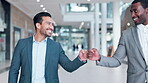 Handshake, walking or happy business people fist bump in celebration of a deal success, target or goal. Employees, smile or excited men on break after teamwork, partnership or achievement in office 