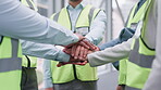 Engineering people, hands together and teamwork, collaboration and support of construction or building goals. Architecture, industry and contractor team or worker stack, cooperation or design mission