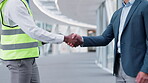 Engineering, business people and handshake for construction meeting, introduction or b2b welcome. Professional contractor or architecture team shaking hands for design deal, partnership and hiring