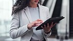 Office, tablet and hands of business woman online for internet, research and online planning in lobby. Corporate worker, connection and closeup of person on digital tech for project, data and website