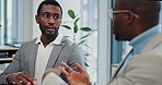 Discussion, collaboration and businessmen in a meeting in the office planning a corporate finance. Conversation, professional and team of African male accountants in partnership working on a project.
