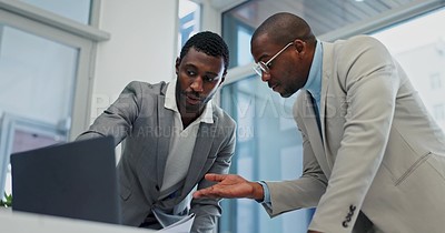 Laptop, office and black people discussion, collaboration and realtor ...