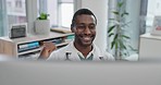 Doctor man, computer and fist celebration in office for results, project or success in medical research. African medic, pc and winner with goals in career for promotion, yes and announcement at desk